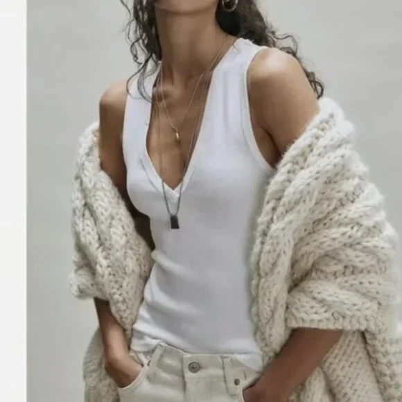 WE THE FREE PEOPLE NERIA WHITE V NECK RIBBED TANK TOP SHIRT NEW L - Picture 2 of 11